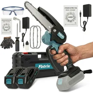 Mini chainsaw, 21V cordless 6-inch handheld electric chainsaw with two lithium batteries, lightweight battery-powered model with safety lock for pruning trees and cutting wood—an ideal gift for fathers, dads, husbands, and men.