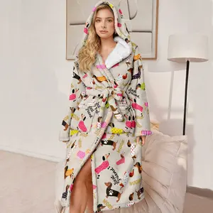 Women's Hooded Bathrobe, Soft Plush Long Robe, Puffy Women's Bathrobe, Sausage Dog Pattern, Gift for Mother, Wife