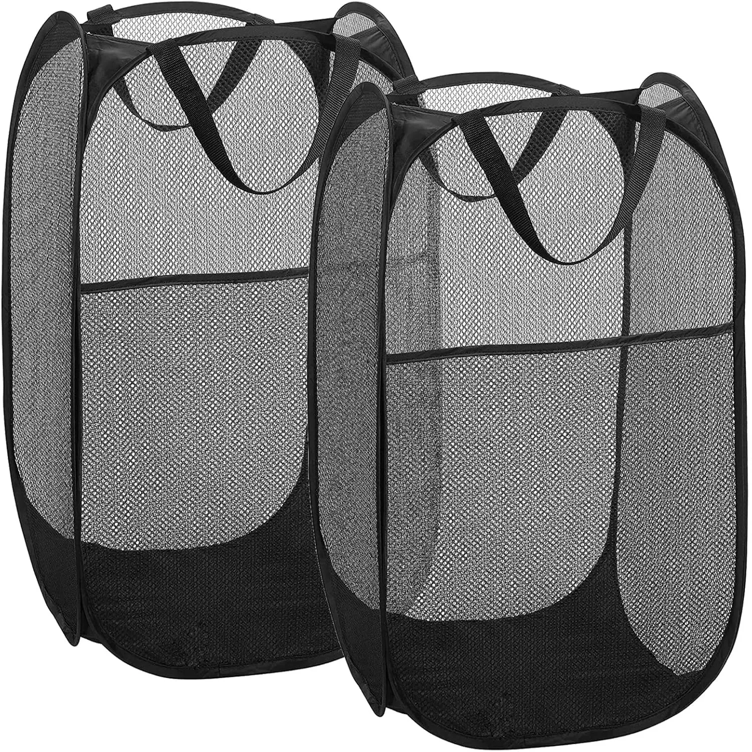 LMMAKE 1PC/2PCS Handy Laundry Collapsible Mesh Pop Up Hamper with Wide Opening & Side Pocket Breathable Sturdy Foldable Space Saving Design for Clothes Storage Black