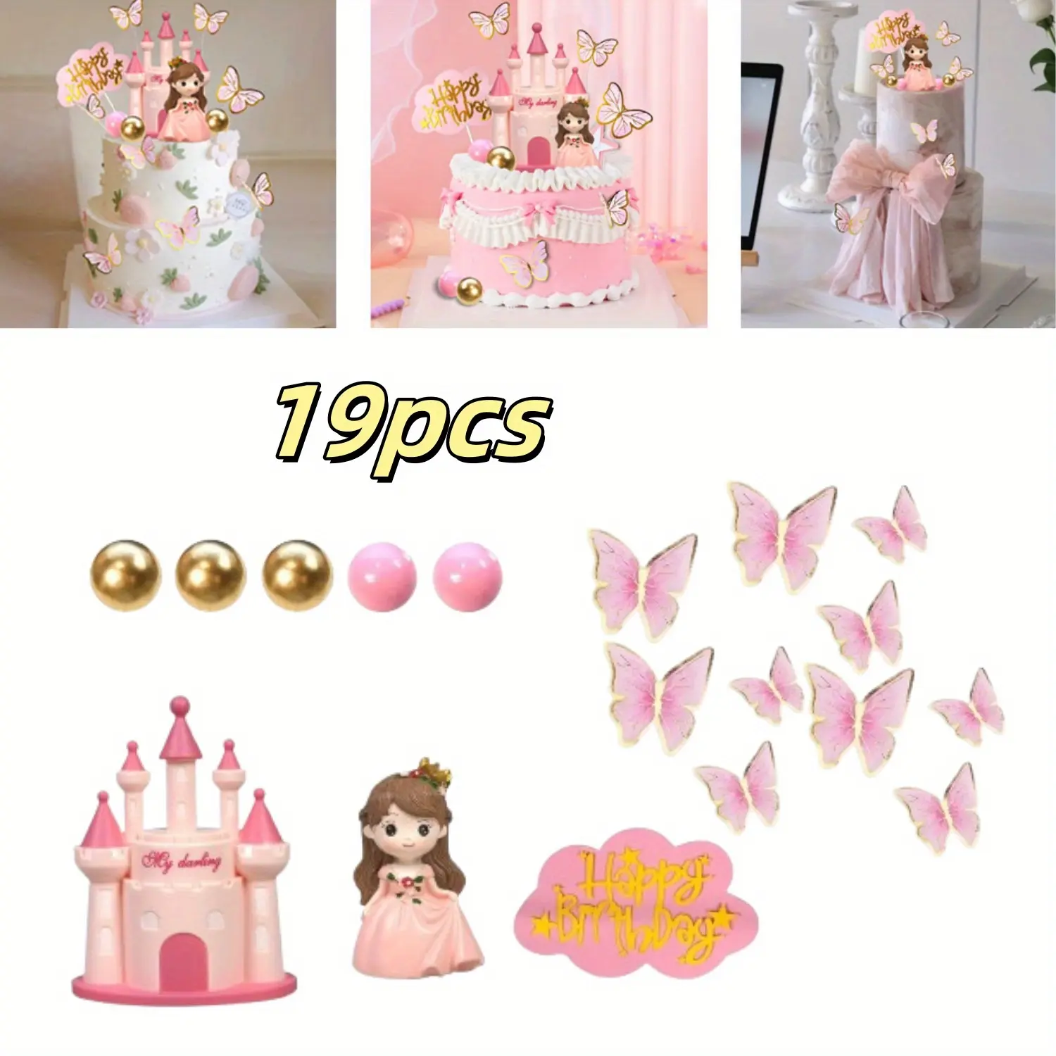 19PCS Pink Princess Cake Topper Set Castle,Butterflies Balls Decoration for Birthday Party,Wedding Cake Toppers