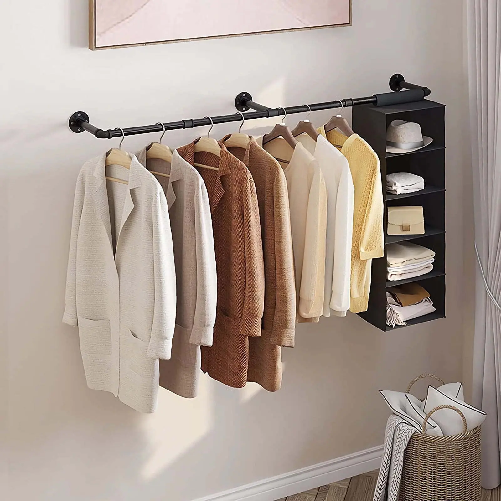 SICANDAENHK 72in Wall-Mount Metal Industrial Iron Pipe Shelf Hanger - Adjustable, Hangable, 10-15Kg Capacity Off-Ground Laundry Drying Rack Organiser, Easy Installation Home Supply for Small Apartments, Display Shelf for Living Rooms, Office Garment Rack,