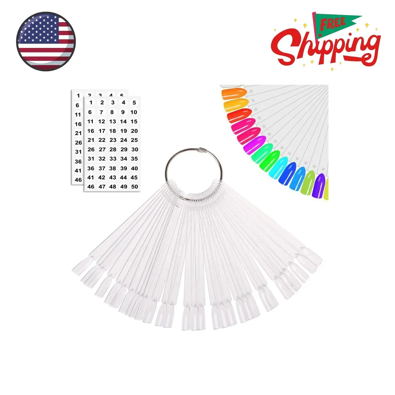 50 Pcs Nail Swatch Sticks with Ring and Numbered Tips - Clear