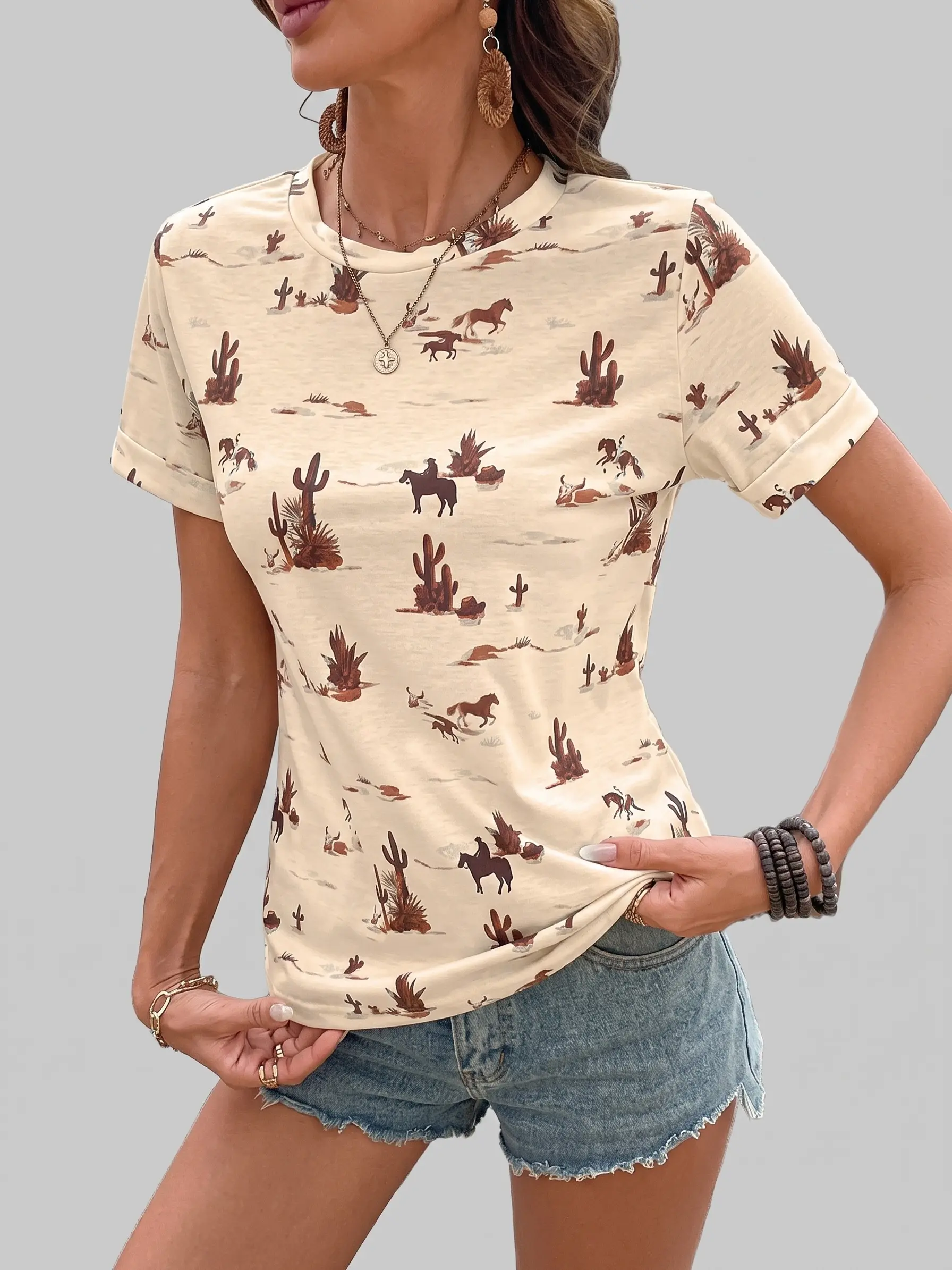 Shewin Women's Vintage Western Cactus Print Slim-Fitting T-Shirt - Casual Stretch Knit Pullover Tops with Round Neck, Rolled Short Sleeves, Shortsleeve, Fitted, T Shirts For Women