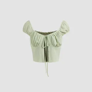 Cider [size 2-10] Square Neck Two Tone Knotted Crop Short Sleeve Top