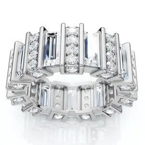 6 Ct Emerald Cut Designer Wide Diamond Eternity Wedding Ring 14k Gold Lab Grown