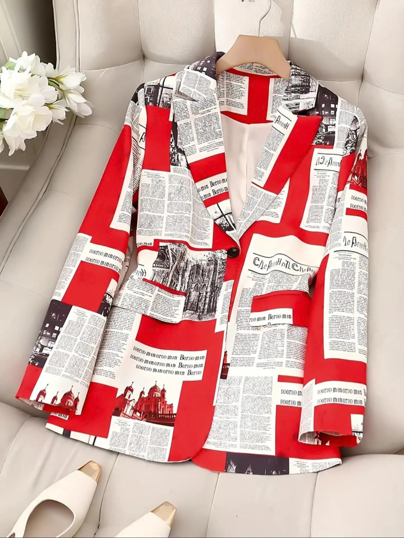 Women's   Newspaper Print  Button Lapel Button Up Blazer Trendy Womenswear, Casual Long Sleeve Outerwear for Spring, Ladies Clothes for Daily Wear