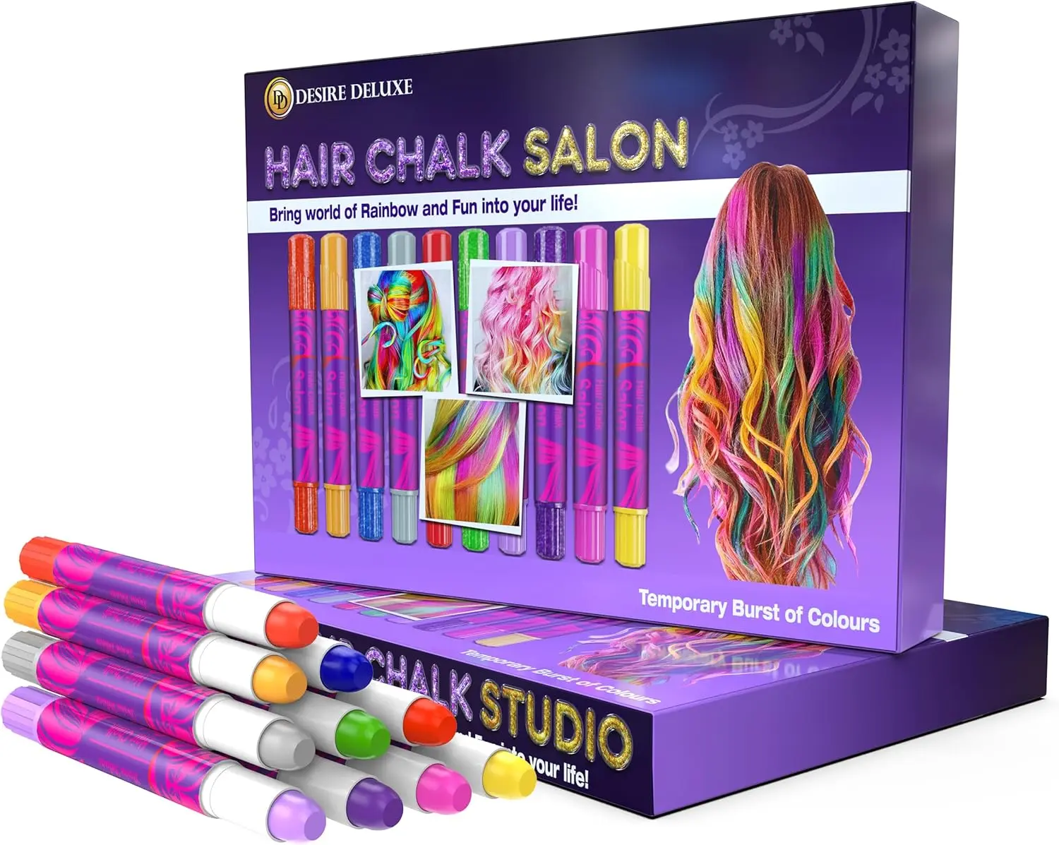 Desire Deluxe Temporary Washable Hair Chalk Pens - 10-Count Kids' Hair Color Set for Beauty & Dress-Up, Christmas, Birthday Accessories (Beauty & Personal Care, Haircare Styling Tool)