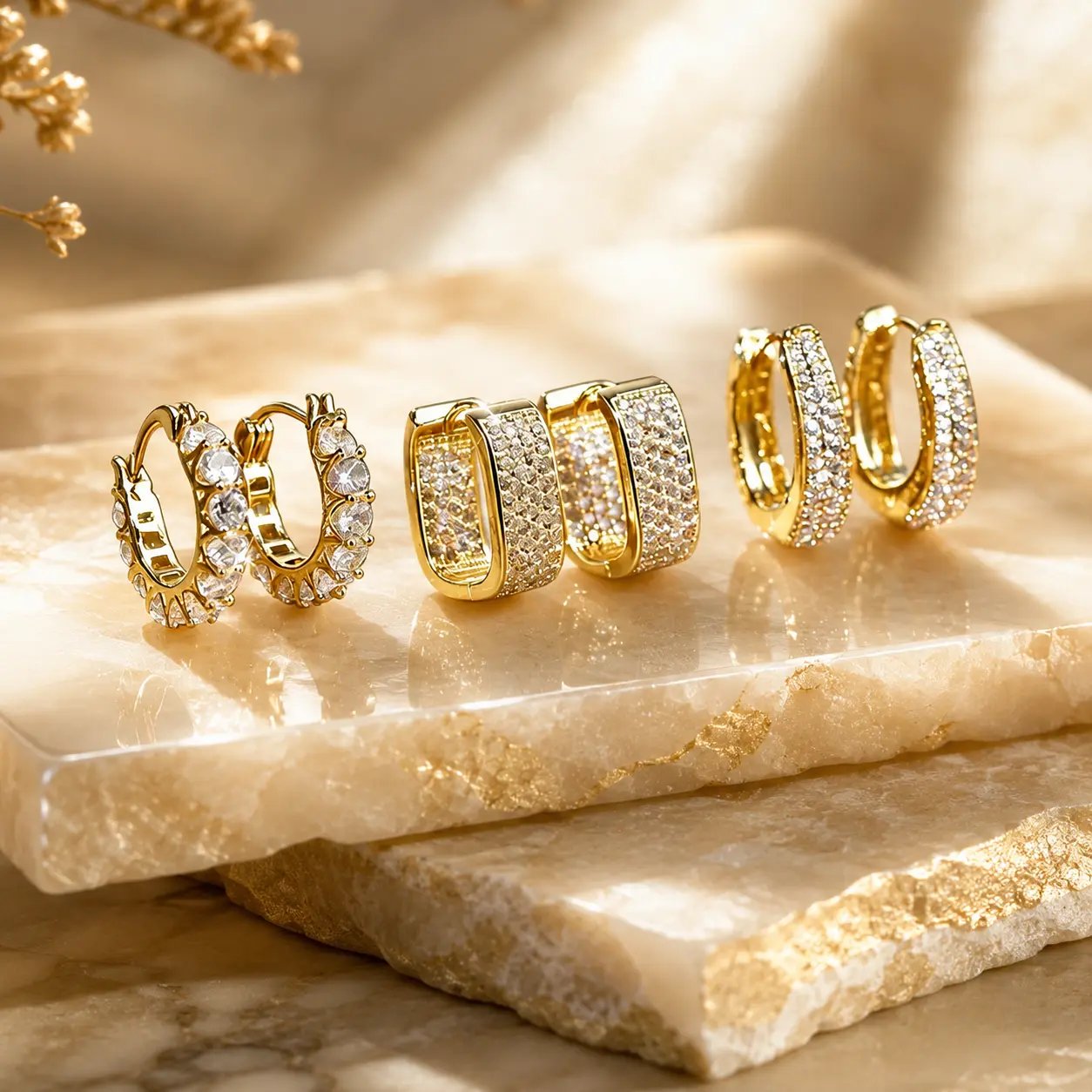 3-Pair 14K Gold Plated Hoop Earring Set for Women, Layered Huggie Earrings with Hinged Clasps, Geometric Everyday Jewelry