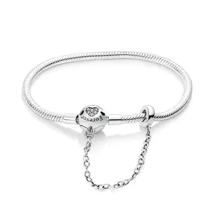 MULA 925 Silver-plated Heart Clasp Snake Chain Bracelet with Security Chain – “Forever” Inlaid Cubic Zirconia Pendant Bracelet, Compatible with Pandora Beads and Charms