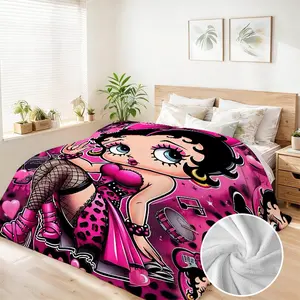 BETTY BOOP 90"x108" Large Size Cartoon Flannel Blanket Soft Polyester All-Season Cozy Throw for Women Girls Friends Personalized Gift for Birthdays Valentine’s Day