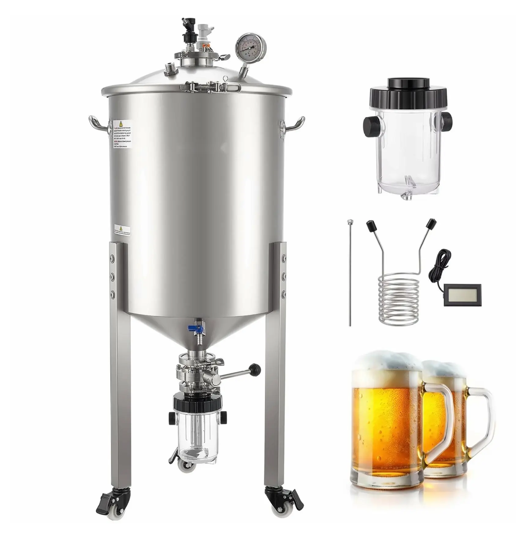 Pressure Fermenter 16 Gal/60L Stainless Steel Conical Fermenter, 15 PSI Brewing Bucket with Cooling Tube & Yeast Collection, for Beer & Wine Making Default
