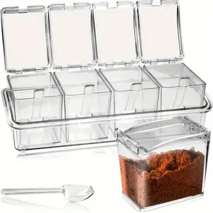 4-grid Seasoning Box with Spoon, Clear Seasoning Storage Container, Spice Box with Lid, Kitchen Seasoning Organizer, Lightweight Kitchen Accessories