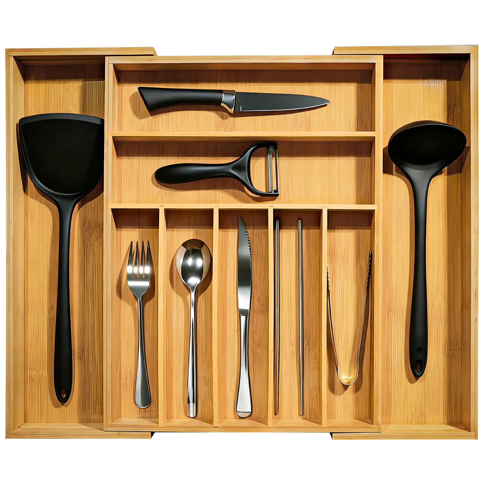 Commercial Restaurant Bamboo Wood Expandable Utensil Organizer - Adjustable Divider, Divided Compartments, Durable Utensil Storage, Fits Various Sizes, Keeps Kitchen Drawers Tidy