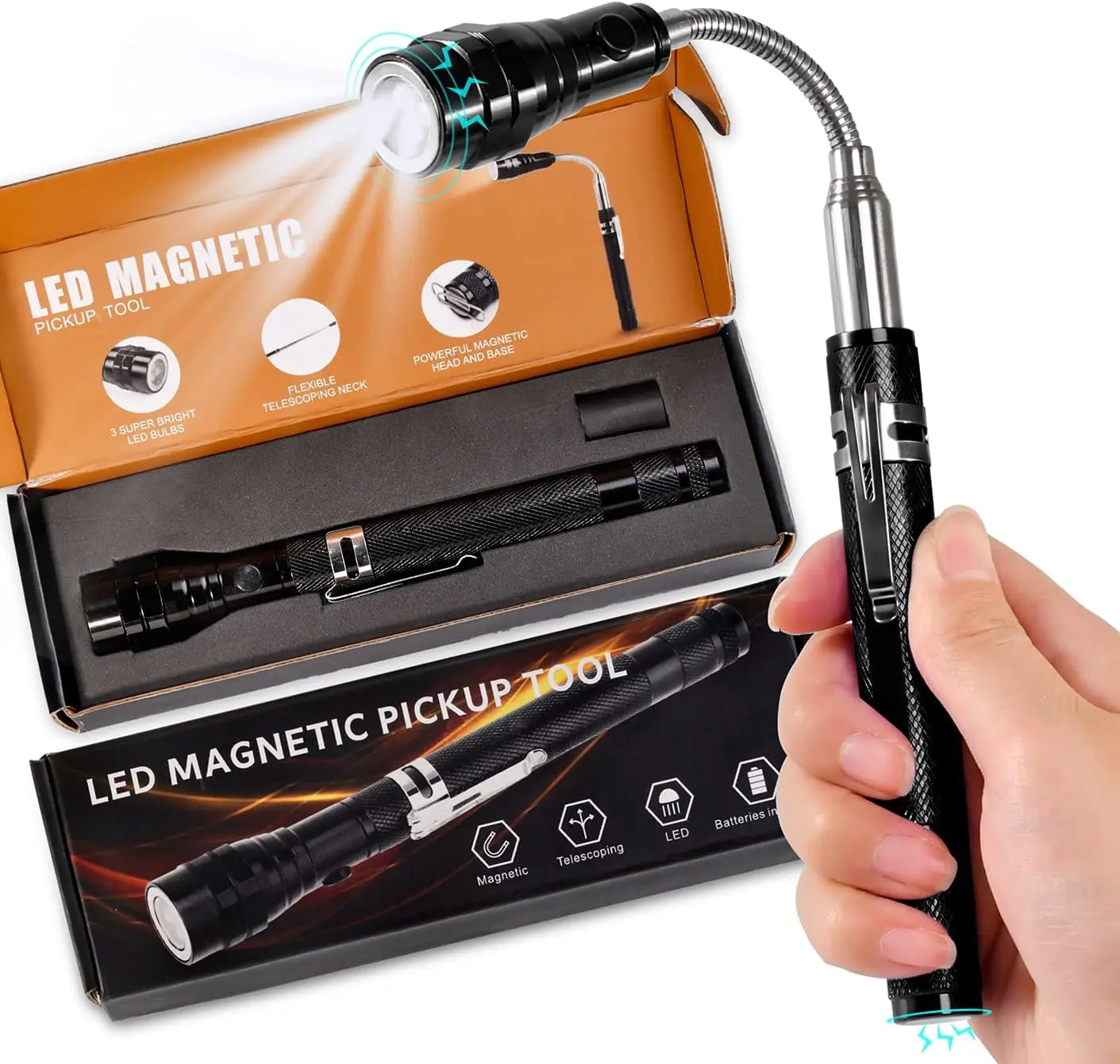 LED Magnetic Flashlight,Extendable and Flexible Magnetic Flashlight with Telescoping Magnet Pickup Tool,Magnet Flashlight for Precision Work,Gifts for Men Fathers Day Gifts, Gifts for Men, Pick-up Tool for Adults