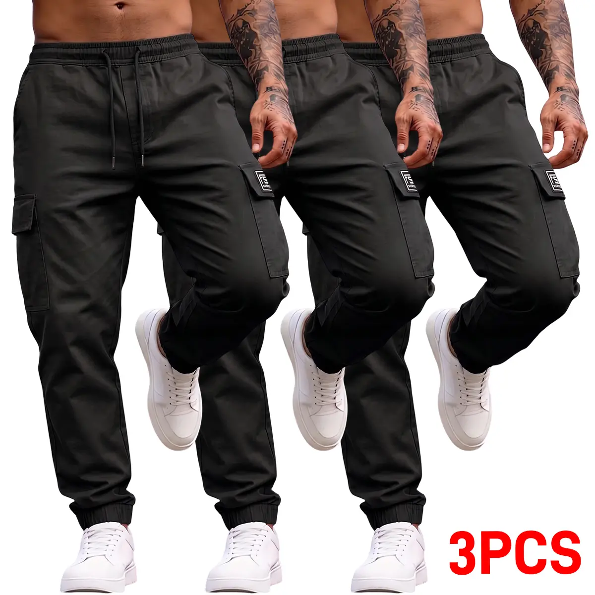 Men's 3-Pack Tactical Cargo Pants, Stretch Rip-Resistant Polyester Trousers with Multiple Pockets, Quick-Drying for Outdoor Work & Fishing
