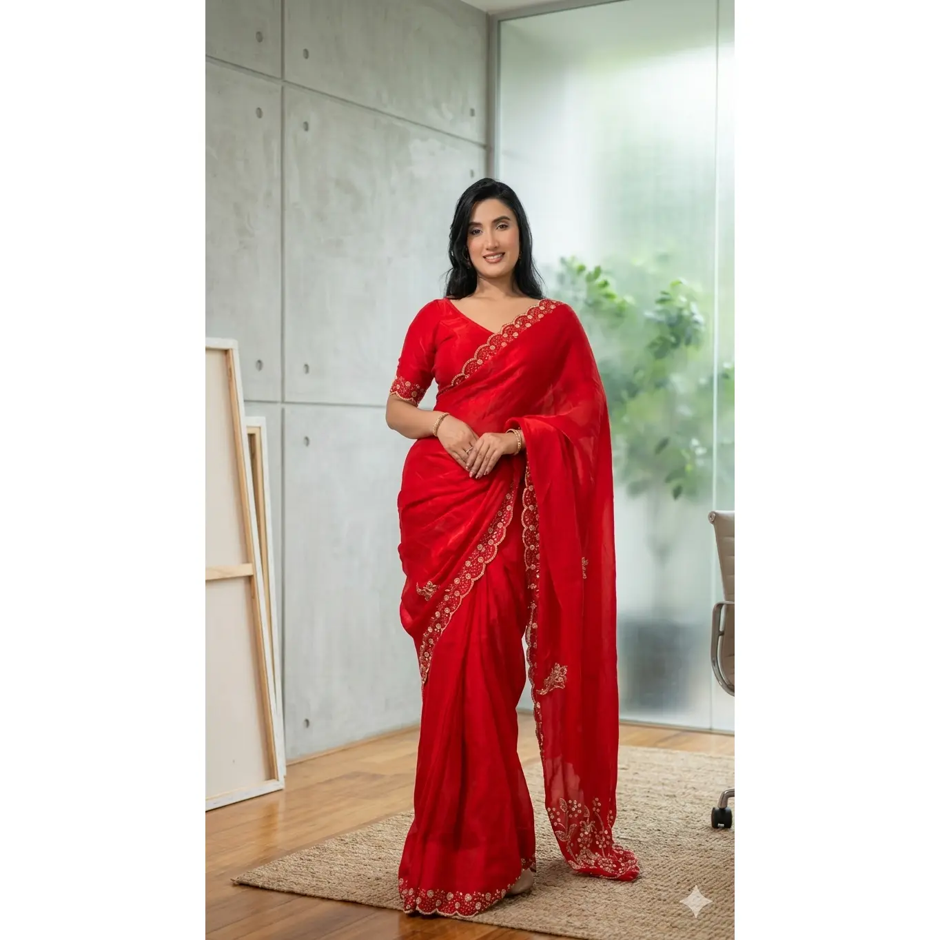 Red Shimmer Pre-Pleated Saree with Designer Blouse