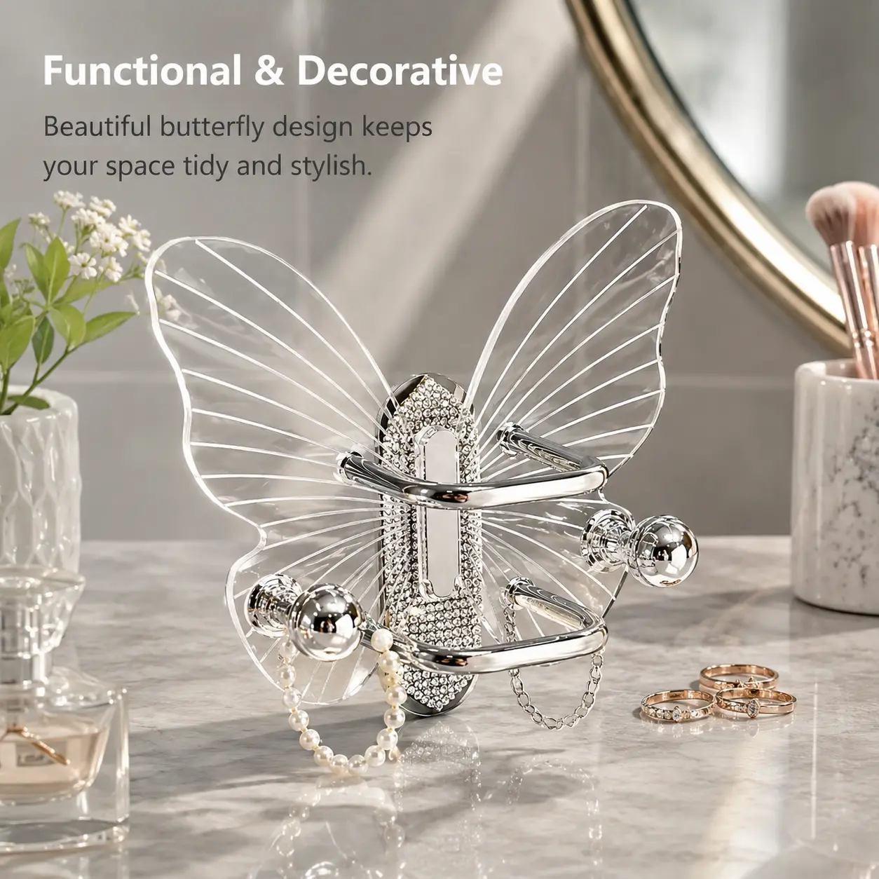 1 Count, Butterfly Shaped Wall Mount Storage Rack, Transparent Plastic, for Holding Hair Combs and Small Daily Accessories in Bathroom