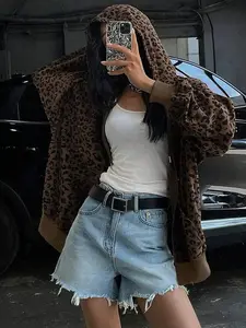 Women Leopard Print Hooded Zipper Jacket 2026 Casual Fitted Slim Fit Fall Winter Drawstring Thick Knit Fabric
