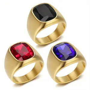 18K Gold-plated Fashionable and Charming Business Style Geometric Synthetic Zircon Stainless Steel Men's Ring for Banquets, Daily Wear, and Party Accessories