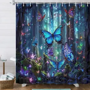 Butterfly Pattern Shower Curtain, 1 Count Waterproof Bathroom Curtain with 12pcs Hooks, Bathroom Decor Supplies for Home Hotel Salon, Bathroom Decoration Accessories, Bathroom Accessory