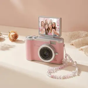 Cute Digital Camera Set with Bracelet Charm & Stickers, Compact Vlogging Camera with Flip Screen, Retro Style Photos, 32GB Card Included, Gift for Girls