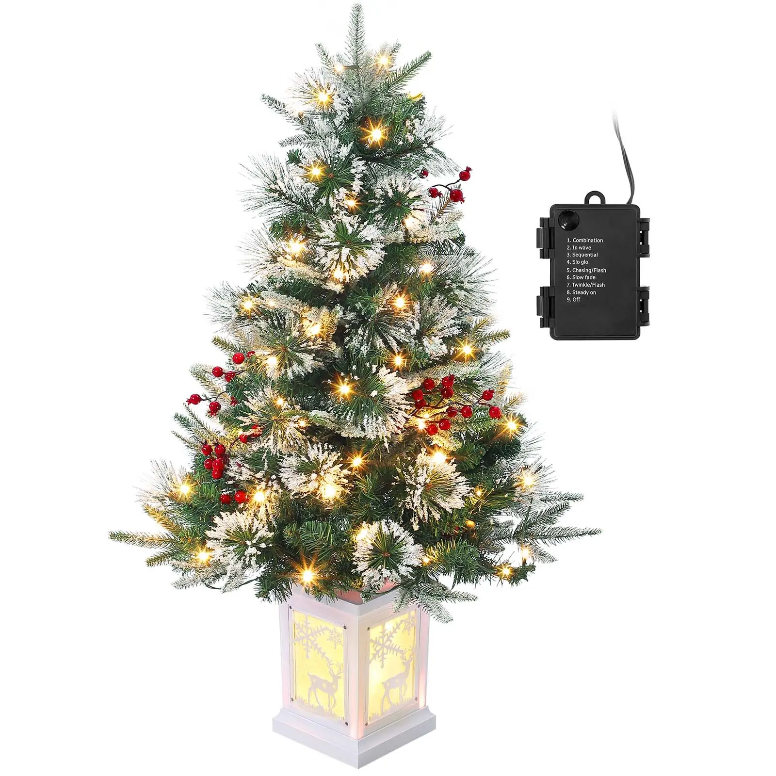 3 Ft Mini Christmas Tree with Premium 78 Warm White LEDs, 8 Modes, Sturdy Snow Flocked White Moose Base, Molded Branches, Timer, Hypoallergenic Fire-Resistant Xmas Pine Tree for Christmas Decoration (1PCS Box Pot), 3-Foot Artificial Tree, 3Ft Mini Christm