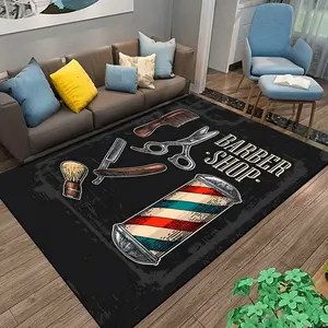 Vintage Barber Shop Tools Flannel Area Rug - Retro Barbershop Pole & Scissors Print Soft Floor Mat for Salon & Living Room, Decorative Rug, Non-Slip Industrial Home Decor #BarberShopRug #VintageBarberMat #SalonDecor #IndustrialHomeDecor #NonSlipFlannelRug