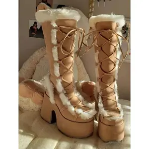 Women's Winter Furry Snow Boots Womens Mid Calf Boots Lace Up Zip Block Chunky High Heel Punk Goth Warm Fur Winter Snow Platform Knee High Boots
