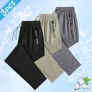 Men’s 3-Pack Minimalist Fashion Ice Silk Casual Athletic Pants — Drawstring Waistband, Zipper Pockets, Skin-Friendly Comfort, Essential for Warm Weather and Everyday Wear