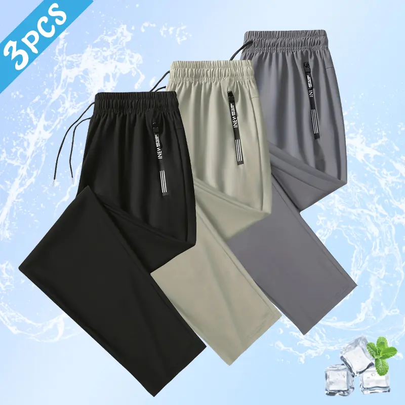 Men’s 3-Pack Lightweight Ice Silk Casual Athletic Pants - Drawstring Waistband, Zipper Pockets, Skin-Friendly and Comfortable, Suitable for Warm Weather and Everyday Wear. SpringStatements