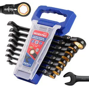 #fathersdaygift WORKPRO 8-Count Flex Head Ratcheting Wrench Set, Anti-slip Set SAE 5/16-3/4 inch, 72-Teeth, Cr-V Constructed, Black Electrophoretic Coating with Rack Organizer