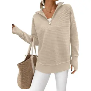 Women's long sleeved quarter zip pullover casual loose V-neck ribbed knit jumper top with thumb hole