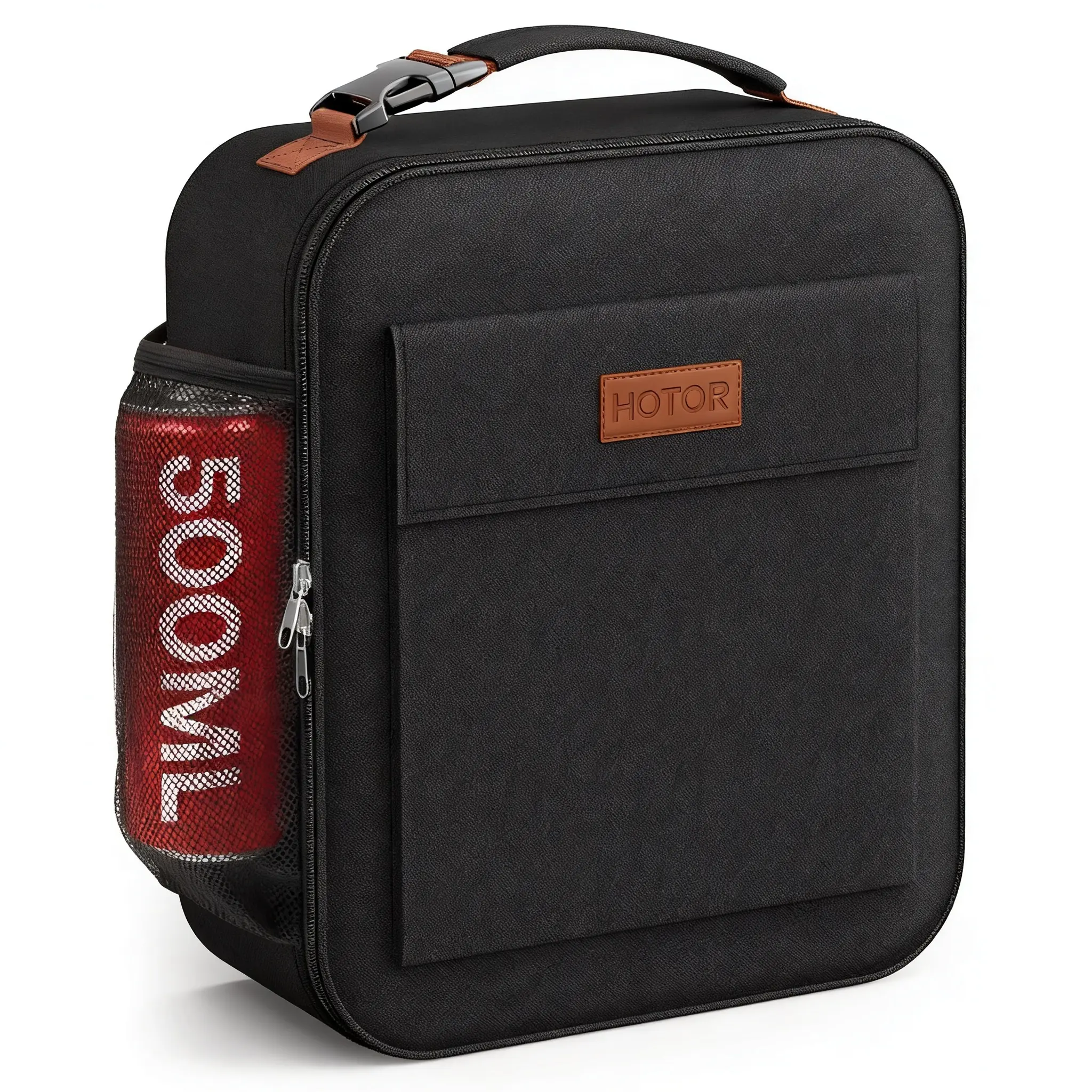 Insulated Lunch Bag M Size Black 600D Oxford Leakproof Lunch Box Tote with Mesh Pocket & Brown Leather Label for Work School Picnic