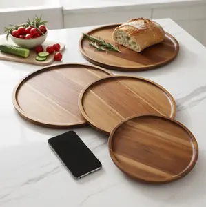 8/10/12 Inch Round Wooden Decorative Serving Tray for Coffee Table and Home Decor, Round Wood Tray for Table Centerpiece, Small Candle Tray, Acacia, Appetizer Charcuterie Board