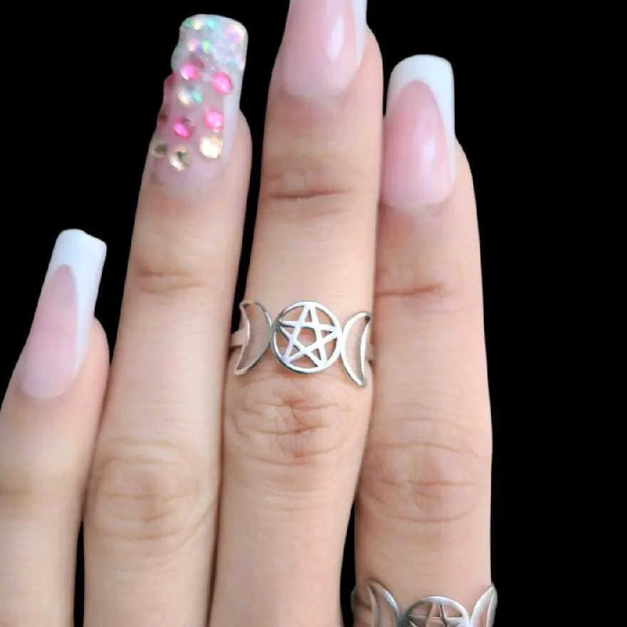 Silver Pentagram Triple Moon Ring - Stainless Steel