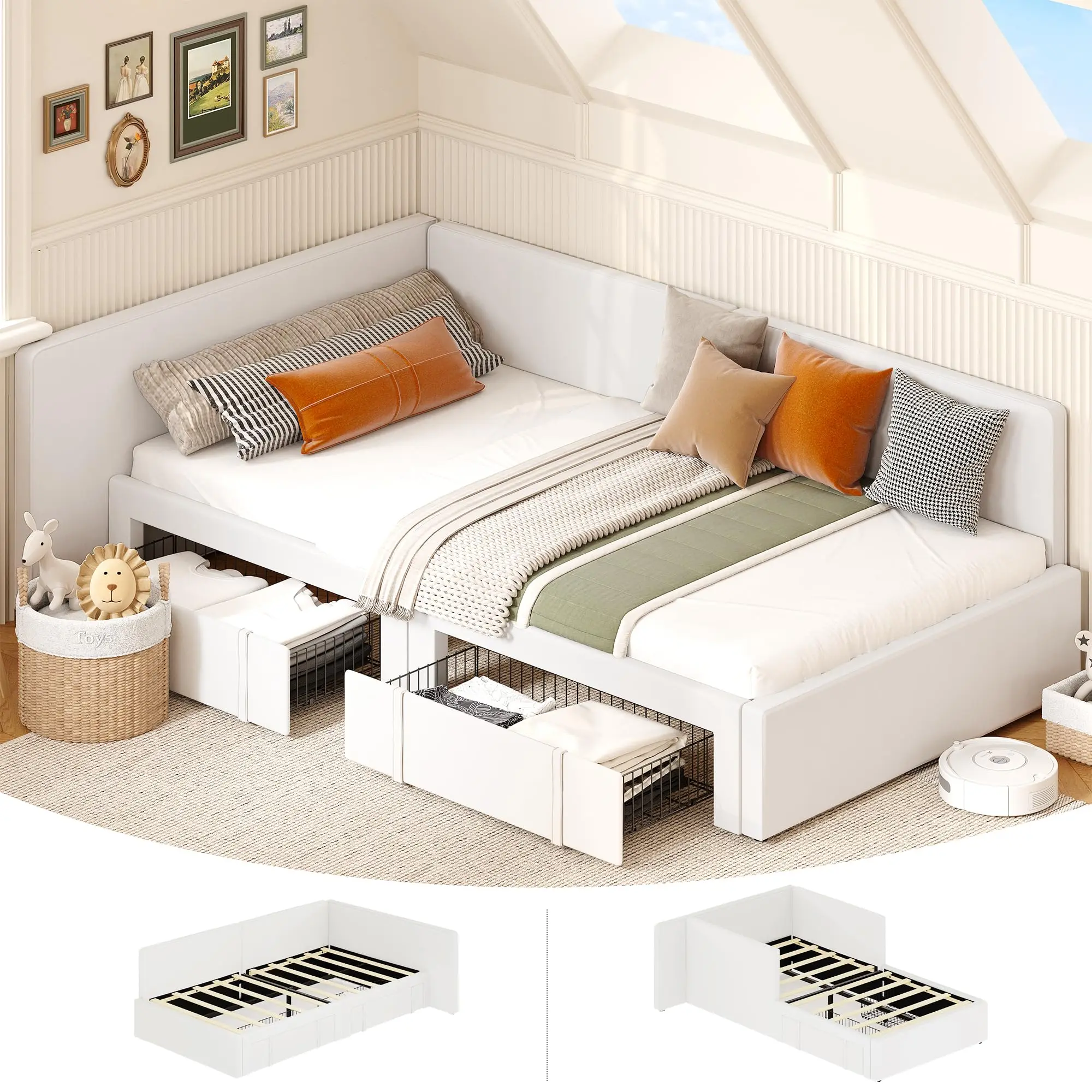 Twin Daybed with 2 Storage Drawers, Velvet Upholstered Corner Bed Frame with Extended Headboard, Velvet Upholstered Corner Sofa Bed with Extended Headboard & Guardrail, Adjustable Platform Bed for Bedroom, Guest Room