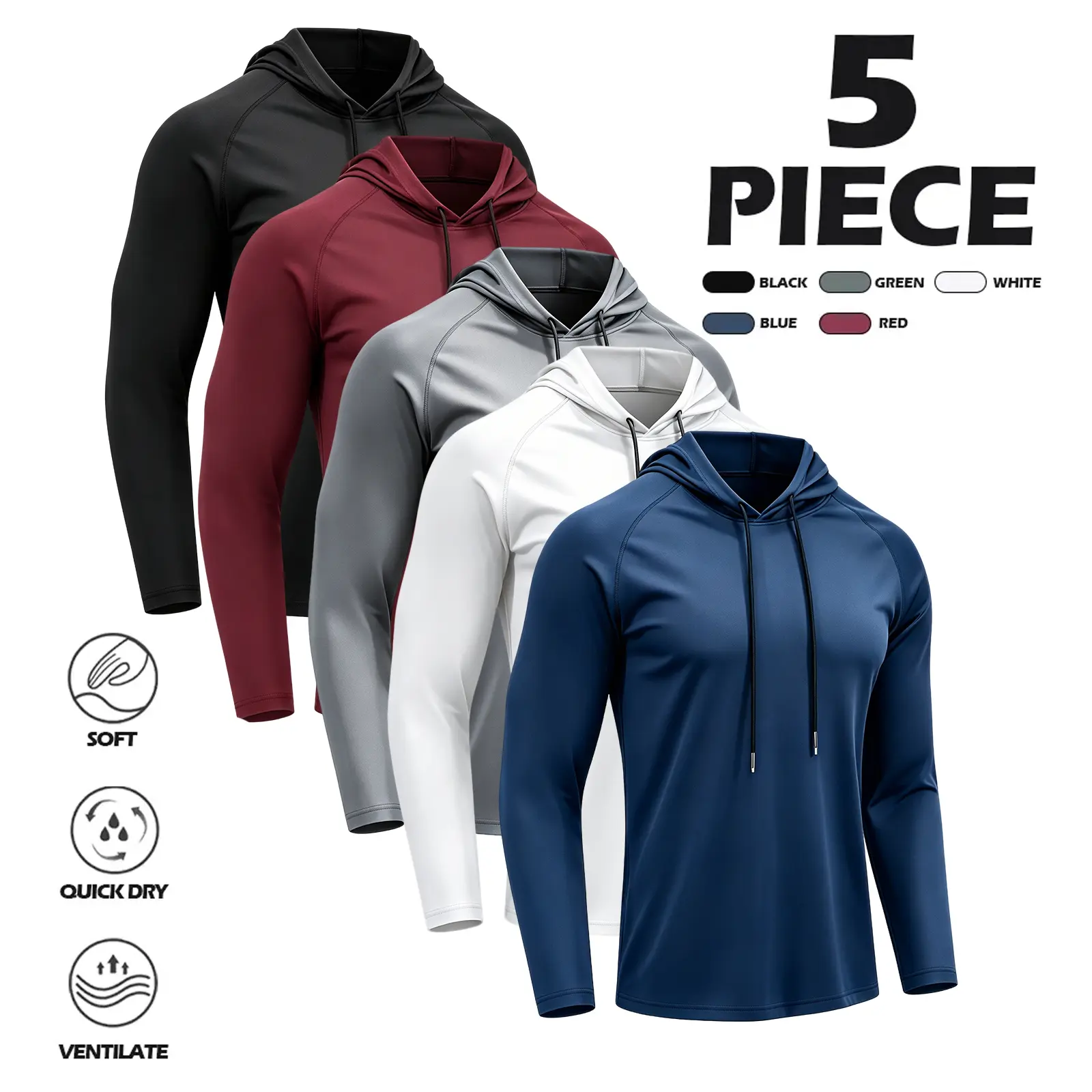 Men's 5-Piece Solid Color Comfy Quality Hoodie Set, Casual Loose-Fit Pullover Athletic Clothes with Quick-Dry Heat Retention for Autumn-Winter Layering & Gym, Casual Sportswear Exercise Sweat Shirt Fitness Clothes