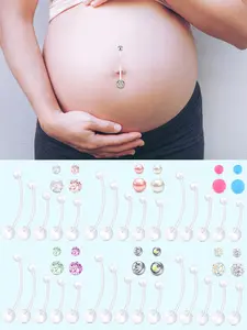 9pcs/set Plastic Pregnancy Belly Button Rings Long Bar Navel Rings for Maternity Sport Pregnant Women Flexible Clear Belly Piercing Retainer Different Length bar and Balls for Replacement 12-32mm
