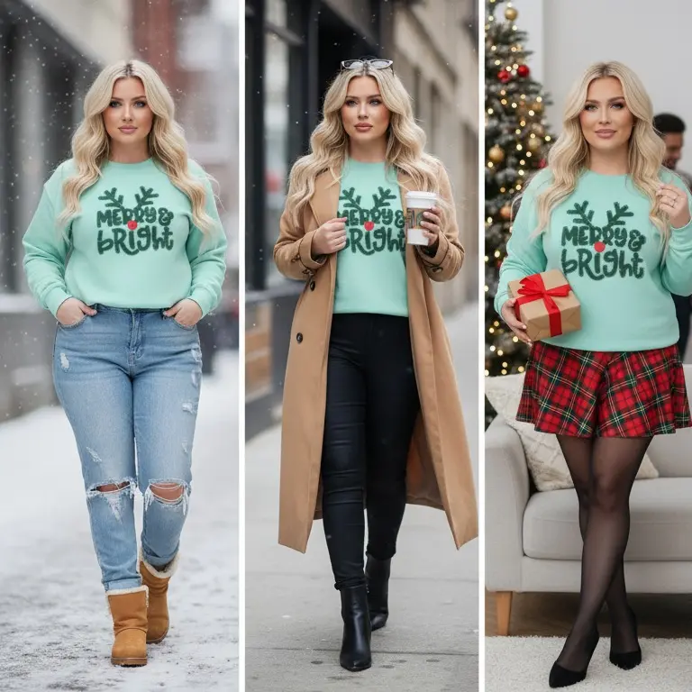 Chenille Patch Merry & Bright Reindeer Antlers Sweatshirt — Holiday Christmas Crewneck, Relaxed Fit, Long Sleeve, Embroidery, Medium Length, Winter Wear, Soft Cotton-Poly Blend, OEKO-TEX Certified