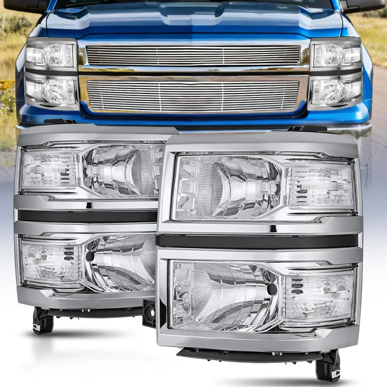 Nilight LED Car Headlights Assembly - Chrome Housing Headlamp Replacement, Adjustable Waterproof LED Car Lights, Temperature-Controlled Auto Parts Accessories for 2014-2015 Chevy Silverado 1500 Pickup Truck (Driver & Passenger Side)