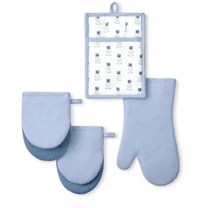 Beautiful Home by Drew Barrymore 4-Piece Oven Mitt, Pot Holder, Mini Mitt Set, Blue