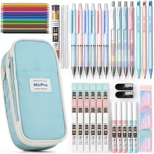 Nicpro 45 Pack Aesthetic School Supplies with Big Capacity Pen Case, Pastel Mechanical Pencils 0.5, 0.7, 0.9, 2mm with 24 Tube Lead Refills(4B 2B HB 2H 4H COLORS) Erasers for Student Writing Drawing