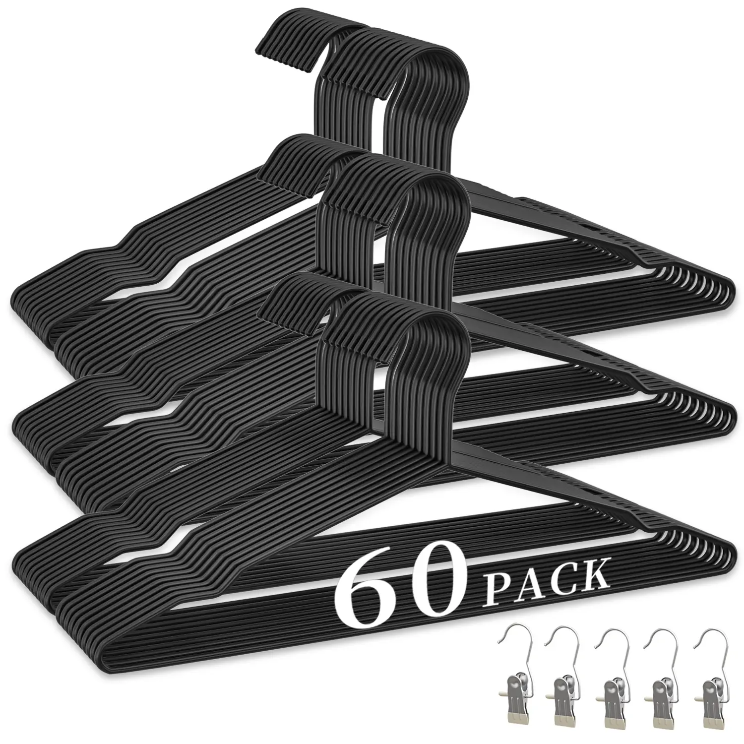 WSJYKN Durable 60-Pack 16.5in Black Metal Wire Hangers with Slim Profile - 5 Clothes Pins Included, Strapless-Friendly Home Organizer for Hanging Shirts, Jumpers, Space-Saving Bulk Set for Balcony, Household Laundry Storage Box