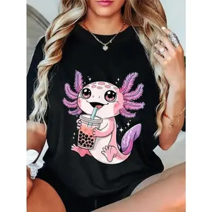 100% Cotton Unisex Axolotl shirt Cute Kawaii Anime Boba Tea T-Shirt