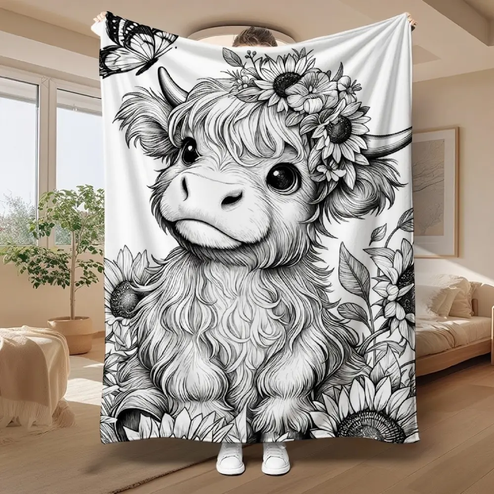 Colorable Highland Cow Flannel Blanket - Soft Fluffy, Retro Look, Warm Multi-Functional Flannel Blanket for Family Gifting, Sofa Naps, Flannel Blankets, Soft Fluffy Blanket