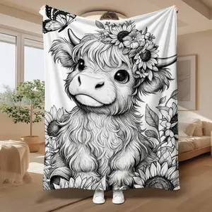 Colorable Highland Cow Flannel Blanket - Soft Fluffy, Retro Look, Warm Multi-Functional Flannel Blanket for Family Gifting, Sofa Naps, Flannel Blankets, Soft Fluffy Blanket