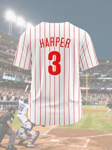 Men's Philadelphia Red Stripe Embroidered Baseball Suit #3 - HARPER White Baseball Suit, Nylon Breathable Athletic and Casual V-neck Baseball Shirt, suitable for baseball fans to watch games, training, games, and party wear