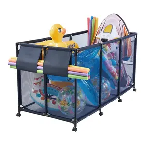VEVOR Pool Storage Bin, 69x 32x 35 in, Rolling Pool Float Storage Organizer with Side Pockets Noodles Holder, Durable Metal Frame, Poolside Toys Breathable Mesh Basket for Swimming Pools
