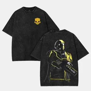 Men's Helldivers 2 Art Game Washed Oversized Short-Sleeve Casual T-Shirt - Unisex, Double-Printed Survival Horror Streetwear, Everyday Fit Game Merch Gift for Fans