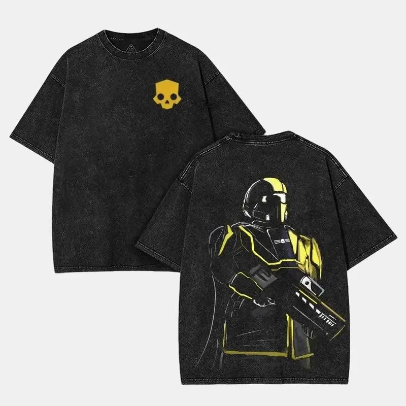 Men's Helldivers 2 Distressed Vintage Oversized Round Neck Shortsleeve Top - Unisex Double-Printed Game Merch, Casual Menswear Gift for Survival Horror Fans
